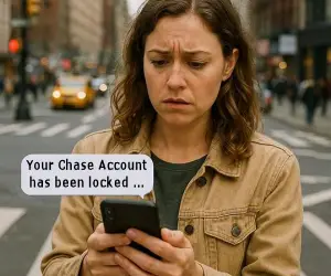“Your Chase account has been locked due to suspicious activity, please verify your info at chase-secure.com” Smishing text - urgent warning