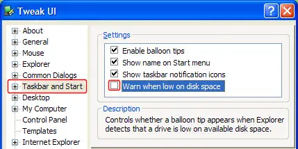 Using TweakUI to disable Low Disk Space Warning