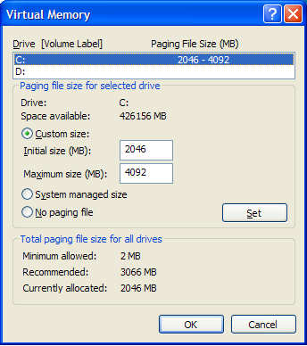 Virtual Memory Settings - Windows XP